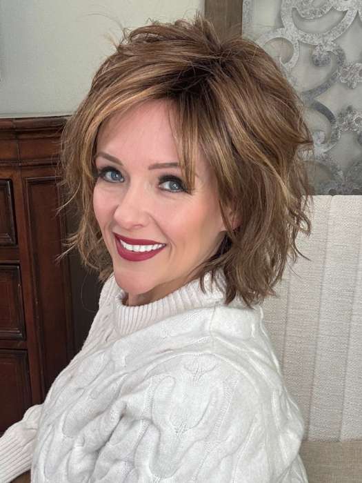 Marcie Mertz @wig.obsessed wearing Anima by Ellen Wille in shade MOCCA ROOTED 830.9.20 | Medium Brown, Light Brown, and Light Auburn Blend with Dark Roots