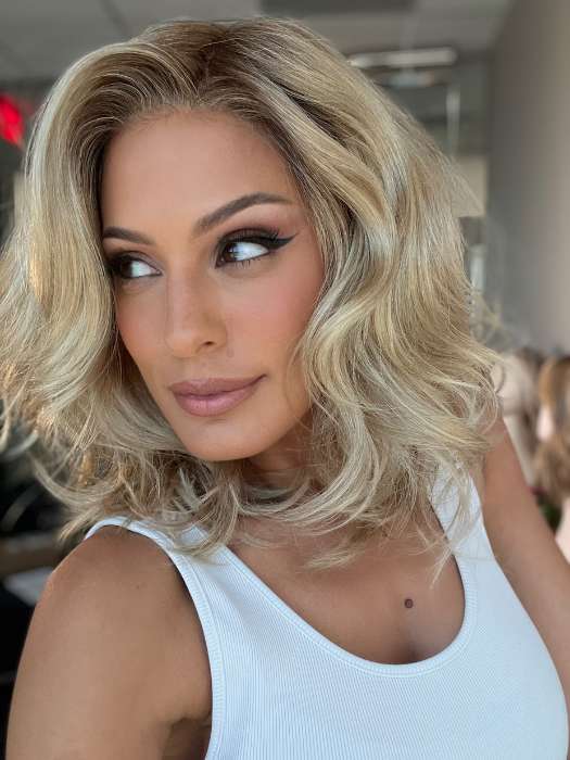 AMANDA by ENVY in color CHAMPAGNE SHADOW | Soft Dark Blonde with Platinum Highlights and Chestnut Roots