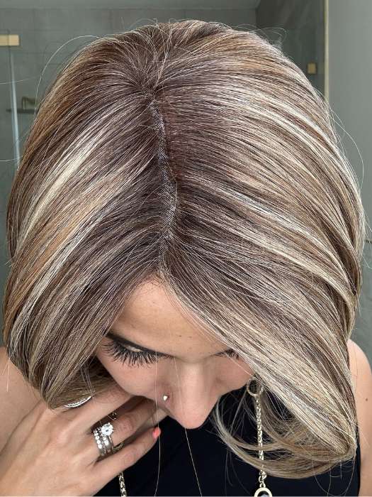 Lorena @faux.hurr.lifee wearing VALENCIA by BELLE TRESS in shade MACADAMIA LATTE R | A combination of Medium and Light Brown, highlighted with Light Gold Blonde, and a mixture of Ash Blonde and Light Gold Blonde, Rooted with Medium and Light Brown