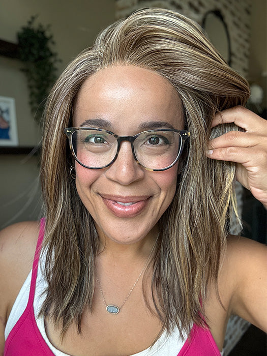 Brea @getwiggywithbrea wearing FENIX by ESTETICA in color CARAMELKISS | Golden Brown with Light Copper Blonde Highlights