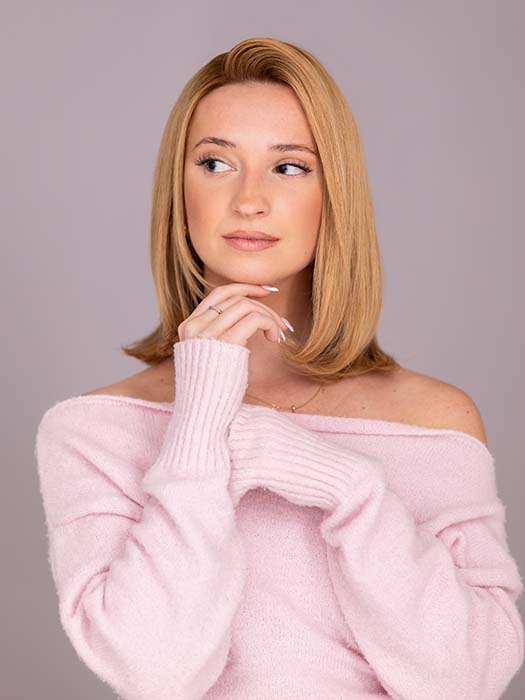 BREEZE by ELLEN WILLE in color Sandy Bonde Rooted | Medium Honey Blonde, Light Ash Blonde, and Lightest Reddish Brown blend with Dark Roots