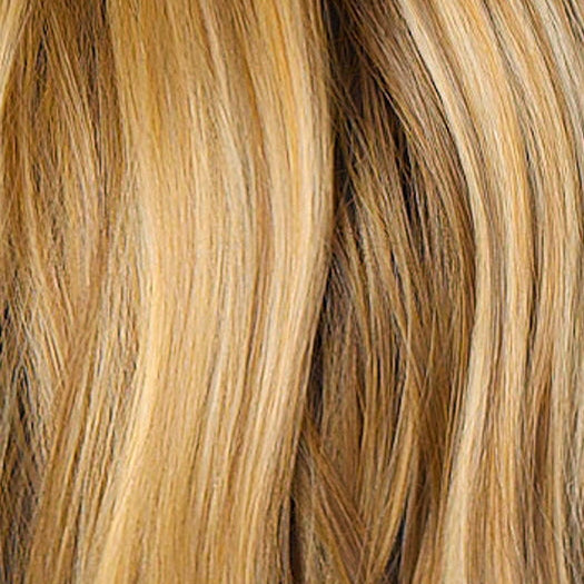 Bronzed Honey-R  | A perfect blend of rich, warm golden blond and medium chocolate brown tones, complemented by a dark chocolate root that adds a luxurious, dimensional effect. 