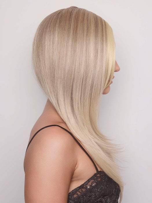 BRYONY by RENE OF PARIS in color BILLIONAIRE BLOND | A chic, sophisticated shade with a rich mocha root melting into beige, ash, and cream blond tones. Face-framing cream and white blond highlights add a refined, upscale finish.