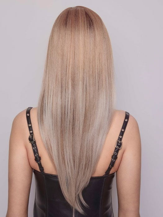 BRYONY by RENE OF PARIS in color MUSHROOM MELANGE | A modern mushroom blonde with a mid-brown root, featuring tones of cream, pale chocolate, and soft steel blonde. 