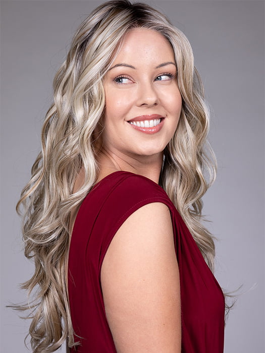 Model is wearing CAROLINA by BELLETRESS in color BUTTERBEER R | Dark Brown Base and Root that transitions smoothly into a buttery blonde, infused with creamy honey and toffee tones