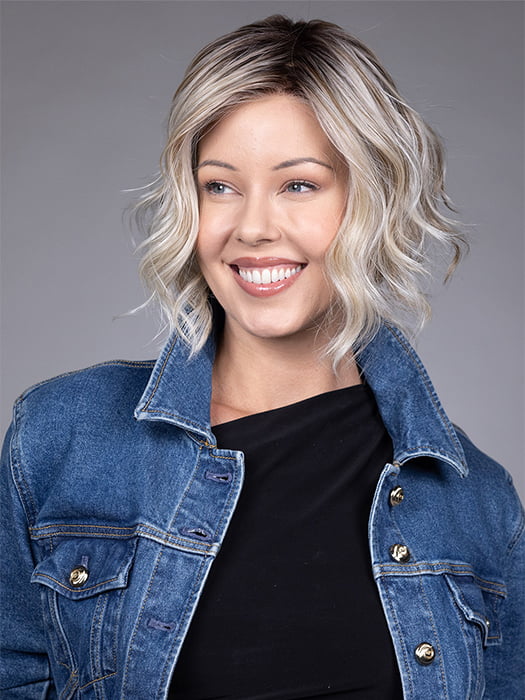 Model is wearing CLARE by BELLETRESS in color BUTTERBEER R | Dark Brown Base and Root that transitions smoothly into a buttery blonde, infused with creamy honey and toffee tones