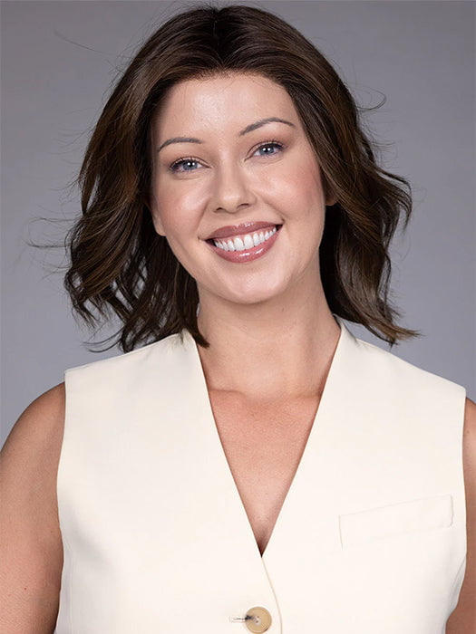 Model wearing CYRUS in color HAVANA BROWN R | A rich, medium neutral brown with minimal warm tones, offering a natural, sophisticated look. Softly rooted for added depth.