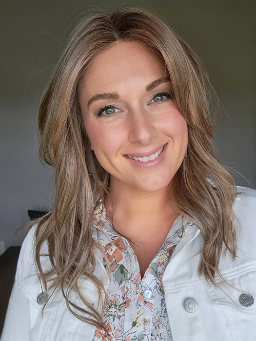 Ashley @lifebeyondlocks is wearing CAMBRIDGE by BELLE TRESS in color MACADAMIA LATTE R | A combination of Medium and Light Brown, highlighted with Light Gold Blonde, and a mixture of Ash Blonde and Light Gold Blonde, Rooted with Medium and Light Brown