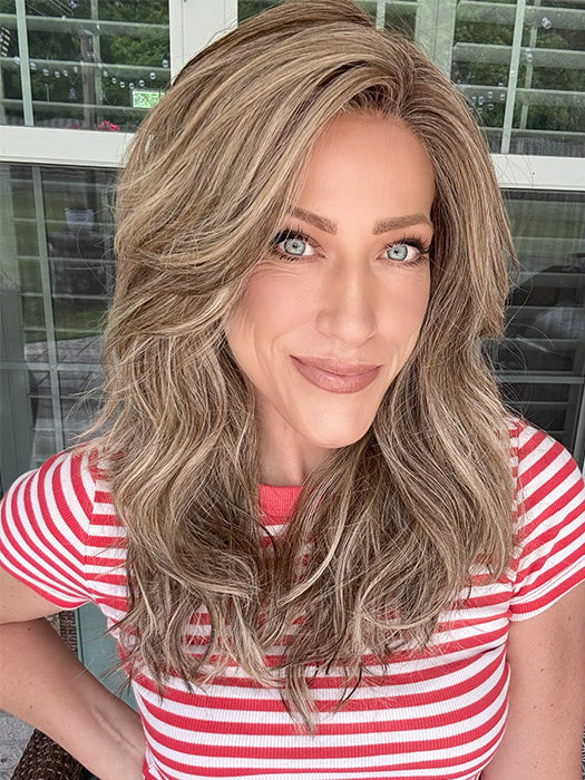 Kristyna Moore @kristynamoore wearing CAMBRIDGE by BELLE TRESS in color MACADAMIA LATTE R | A combination of Medium and Light Brown, highlighted with Light Gold Blonde, and a mixture of Ash Blonde and Light Gold Blonde, Rooted with Medium and Light Brown 