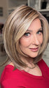 Eileen @crazywiglady is wearing CARDIFF by BELLE TRESS in color MACADAMIA LATTE R | A combination of Medium and Light Brown, highlighted with Light Gold Blonde, and a mixture of Ash Blonde and Light Gold Blonde, Rooted with Medium and Light Brown