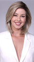 Model is wearing CARDIFF in  MILKSHAKE BLONDE R | A mixture of Light Sandy Brown, Highlighted with Light Ash Blonde with a Hint of Light Platinum Blonde with a Medium Root Color