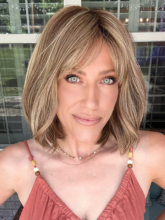 Kristyna Moore @kristynamoore wearing CATALINA by BELLE TRESS in color BROWN-SUGAR-COOKIE-R | The Roots are a Rich Brown Tone that seamlessly transitions into a Warm Golden Brown