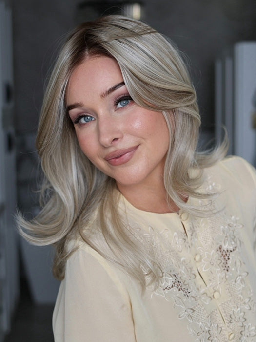 Heather @cjswigs wearing CELESTE by JON RENAU in color FS17/101S18 PALM SPRINGS BLONDE | Light Ash Blonde with Pure White Natural Violet Bold Highlights, Shaded with Dark Natural Ash Blonde