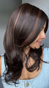 Lorena @faux.hurr.lifee wearing CELESTE by JON RENAU in color FS4/33/30A MIDNIGHT COCOA | Dark Brown, Medium Red, Medium Natural Red Blonde/Brown Blend with Medium Natural Red Blonde/Brown Blend Bold Highlights