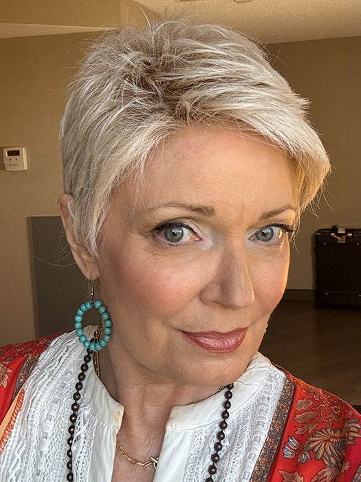 Mel B. @mels.be.ageless wearing CHAT by ELLE WILLE in color PLATIN BLONDE ROOTED 1001.25 | Winter White and Lightest Golden Blonde Blend with Shaded Roots