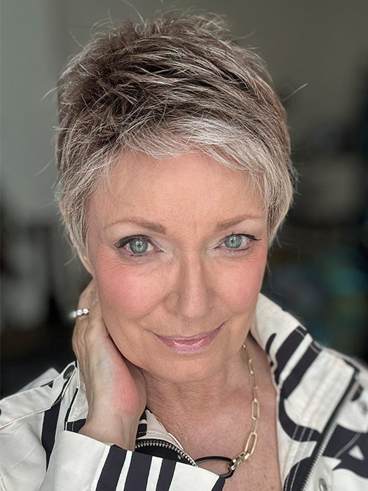 Mel B. @mels.be.ageless wearing CHAT by ELLE WILLE in color DARK SAND FROSTED 12.9.56 | Lightest Brown and Medium Warm Brown with Grey Blend and a Soft Matte Finish
