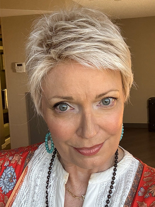 Mel B. @mels.be.ageless wearing CHAT by ELLE WILLE in color PLATIN BLONDE ROOTED 1001.25 | Winter White and Lightest Golden Blonde Blend with Shaded Roots