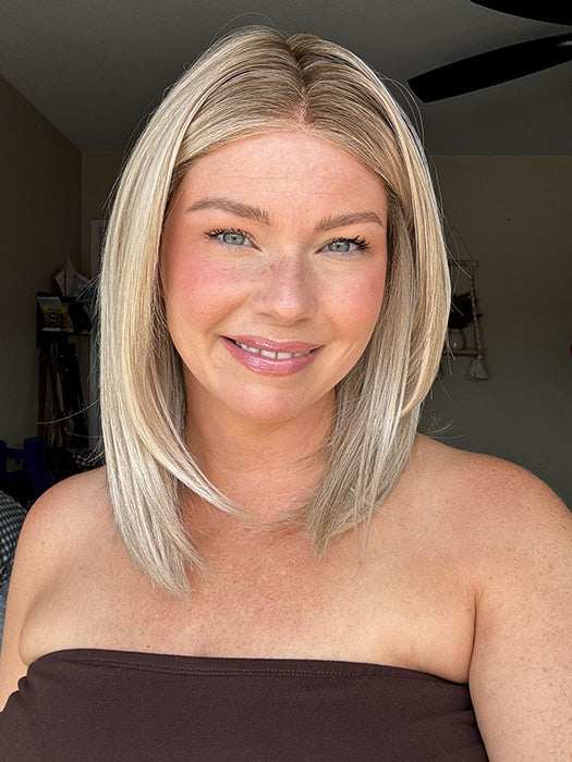 Rayann @50shadesofraaayyy is wearing CHELSEA by BELLE TRESS in color CRUSHED ALMOND BLONDE R | A soft Neutral Light Blonde with a Light and Medium Blended Root Color.