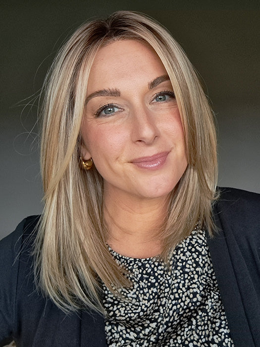 Ashley is wearing CHELSEA by BELLE TRESS in color RAW SUGAR BLONDE | A Neutral Light Blonde, Honey Blonde, Pale Gold Blonde, with a base of Light Brown Lowlights featuring a Medium Root Color