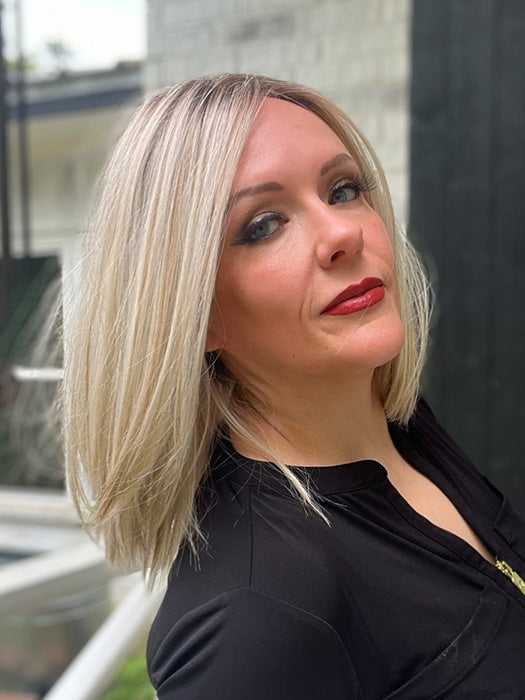 Marcie Mertz @wig.obsessed wearing DRIVE by ELLEN WILLE in color PEARL BLONDE ROOTED 101.24.20 | Pearl Platinum, Dark Ash Blonde, and Medium Honey Blonde mix