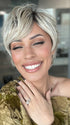 Roxie is wearing EDGE FACTOR by GABOR in color GF19-23SS BISCUIT | Light Ash Blonde Evenly Blended with Cool Platinum Blonde with Dark Roots