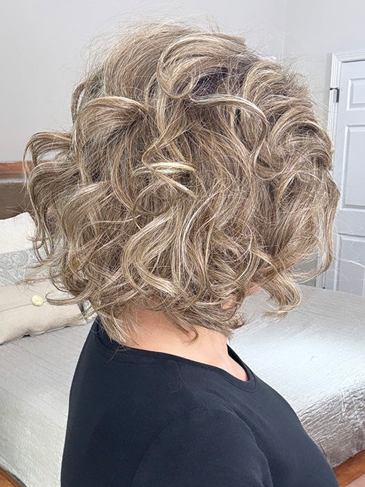 Marcie Mertz @wig.obsessed wearing EDITOR'S PICK ELITE by RAQUEL WELCH in color RL12/22SS SHADED CAPPUCCINO | Light Golden Brown Evenly Blended with Cool Platinum Blonde Highlights with Dark Roots