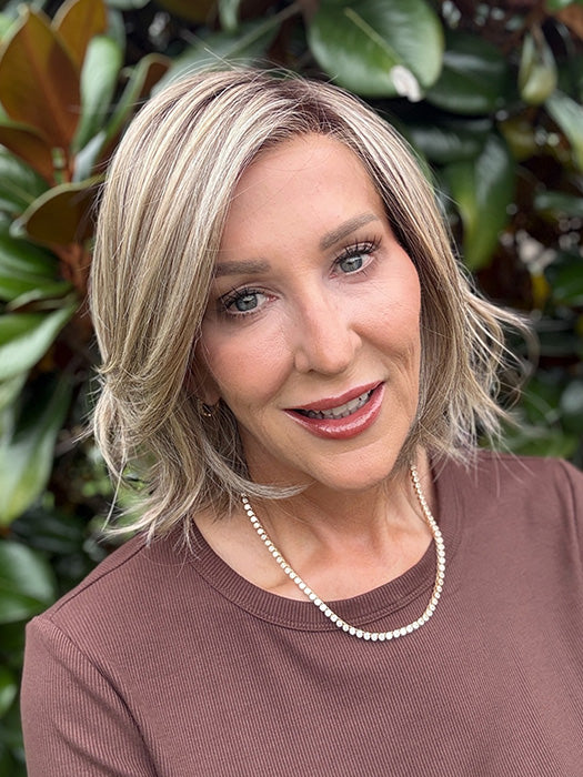 Eileen @crazywiglady is wearing ELSA by BELLE TRESS in color SPARKLING CHAMPAGNE BLONDE R | A radiant blend of champagne blonde with soft golden and beige tones, grounded by natural-looking roots in ash brown and dark blonde.