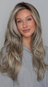 Heather @cjswigs wearing FEATURE LENGTH by RAQUEL WELCH in color RL17/23SS ICED LATTE MACCHIATO | Honey Blonde shaded with Cool Blonde with Dark Roots