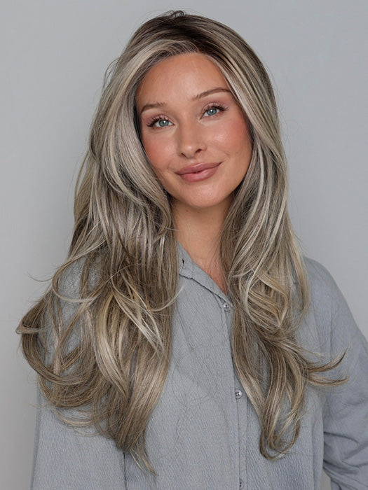 Heather @cjswigs wearing FEATURE LENGTH by RAQUEL WELCH in color RL17/23SS ICED LATTE MACCHIATO | Honey Blonde shaded with Cool Blonde with Dark Roots