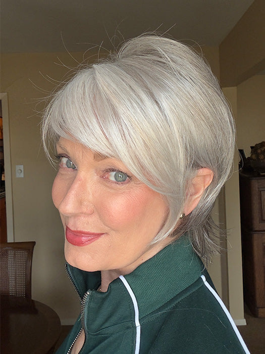 Mel B. @mels.be.ageless wearing FAME SOFT by ELLEN WILLE in color SNOW MIX 60.56.58 | Pearl White, Lightest Blonde, and Black/Dark Brown with Grey Blend