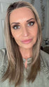 Emily H. @she_sheds_more wearing FORTE by BELLETRESS in color BROWN SUGAR COOKIE R | The roots are a Rich Brown Tone that seamlessly transitions into a Warm, Golden-Brown base. Delicate highlights in honey and toffee tones add dimension