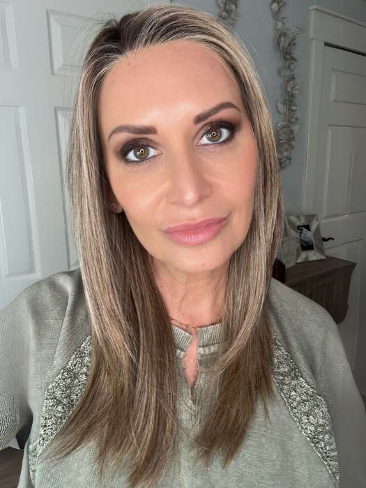 Emily H. @she_sheds_more wearing FORTE by BELLETRESS in color BROWN SUGAR COOKIE R | The roots are a Rich Brown Tone that seamlessly transitions into a Warm, Golden-Brown base. Delicate highlights in honey and toffee tones add dimension