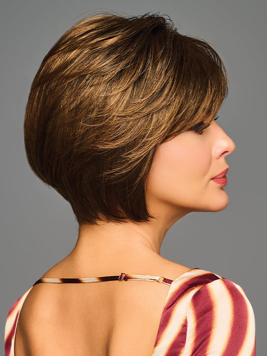 Model is wearing JOVIALITY in color GL8-10 DARK CHESTNUT | Rich, Dark Brown with Coffee Highlights