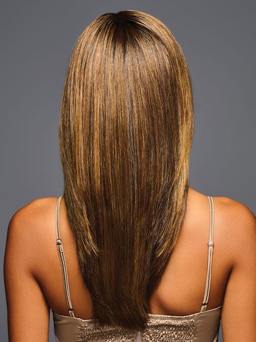 Model is wearing GF8-29SS SHADED HAZELNUT | Medium Brown With Ginger Red Highlights & Dark Brown Roots