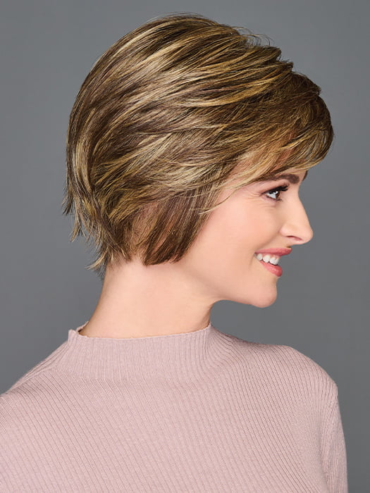 Model is wearing WONDERFUL WIT by GABOR in color BROWN-BLONDE | Medium to Light Brown with Salon Highlights