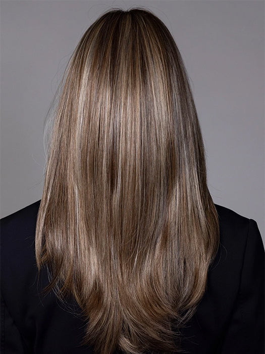 Model is wearing GABRIELLE in color BROWN SUGAR SWEET CREAM | Multi-Dimensional Cool Medium Brown Base with Soft Creamy Blonde Highlights and Pale Ash Brown Lowlights