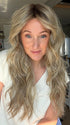 Carly N. @carlynwilson84 is wearing GAIA by BELLE TRESS in color SPARKLING CHAMPAGNE R | Medium Ash Brown roots transition into Shimmering Champagne Blonde characterized by Pale Golden Hues with subtle Ivory and Platinum undertones reminiscent of a sparkling glass of bubbly