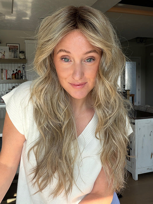 Carly N. @carlynwilson84 is wearing GAIA by BELLE TRESS in color SPARKLING CHAMPAGNE R | Medium Ash Brown roots transition into Shimmering Champagne Blonde characterized by Pale Golden Hues with subtle Ivory and Platinum undertones reminiscent of a sparkling glass of bubbly