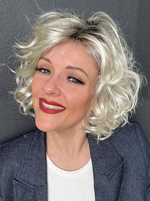 Marcie Mertz @wig.obsessed wearing GIRL MONO by ELLEN WILLE in color PLATIN-BLONDE-ROOTED 1001.23.60 | Lightest Pale Blonde and Pearl White blend with Winter White and Shaded Roots