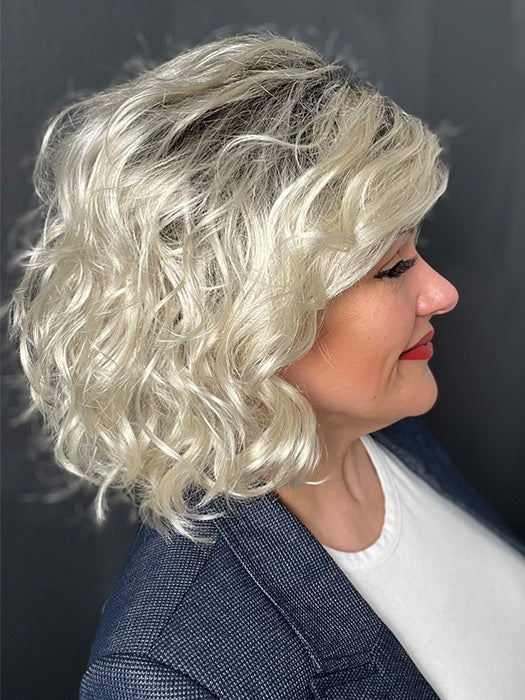 Marcie Mertz @wig.obsessed wearing GIRL MONO by ELLEN WILLE in color PLATIN-BLONDE-ROOTED 1001.23.60 | Lightest Pale Blonde and Pearl White blend with Winter White and Shaded Roots
