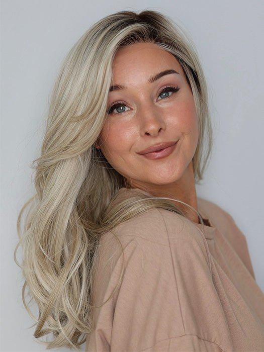 Heather @cjswigs wearing GLAM WAVEZ by RENE OF PARIS in color MILKY OPAL R | A Blend of Creamy Blonde and White Blonde Rooted with Warm Brown