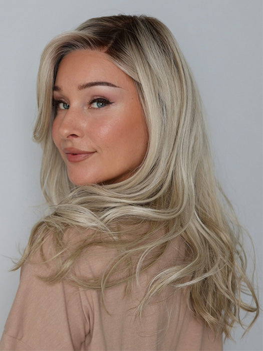 Heather @cjswigs wearing GLAM WAVEZ by RENE OF PARIS in color MILKY OPAL R | A Blend of Creamy Blonde and White Blonde Rooted with Warm Brown