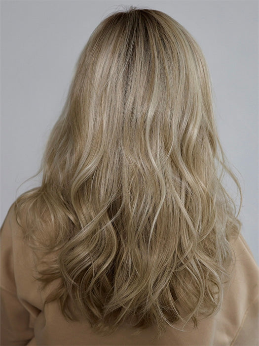 Heather @cjswigs wearing GLAM WAVEZ by RENE OF PARIS in color MILKY OPAL R | A Blend of Creamy Blonde and White Blonde Rooted with Warm Brown