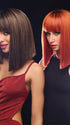 Model 1 is wearing color SS13/88T DEEP ROOT GLAZED PECAN | deep, dark brown root that blends into a mix of warm pecan brown and light golden blonde tones. Model 2 is wearing SS31 ROOTED FLAME | Rich Red with orange highlights throughout