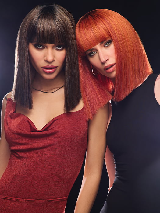 Model 1 is wearing color SS13/88T DEEP ROOT GLAZED PECAN | deep, dark brown root that blends into a mix of warm pecan brown and light golden blonde tones. Model 2 is wearing SS31 ROOTED FLAME | Rich Red with orange highlights throughout