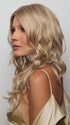 Model is wearing HANA by NORIKO in color Light Ash Blond R | Cream Ash Blonde with ash brown and white-grey roots that blend into a variety of ash blonde tones, including ash pearl blonde, creamy ivory, and pale cream