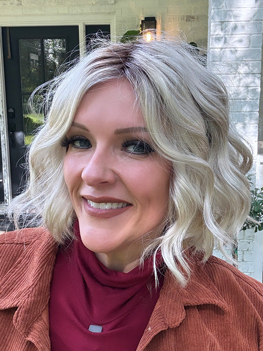Marcie Mertz @wig.obsessed wearing HAVEN by ESTETICA in color SUNLIT-BLONDE | Soft Blend of Sandy Blonde, Lightest Blonde and Iced Blonde with a Light Golden Brown Root