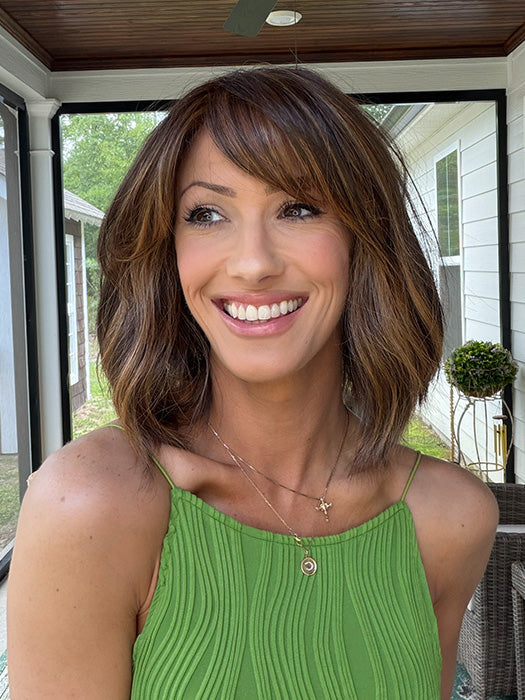 Jenna @jenna_fail wearing HOLLIE by JON RENAU in color 6F27 CARAMEL RIBBON | Brown with Light Red-Gold Blonde Highlights & Tips