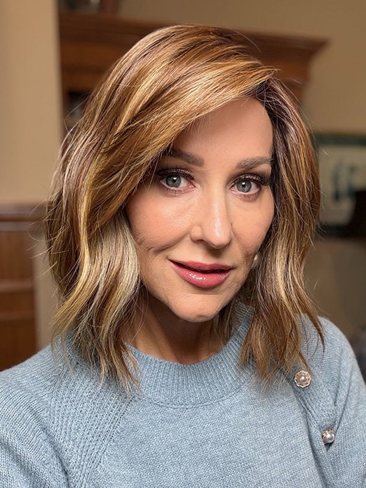 Eileen @crazywiglady is wearing HOLLIE PETITE by JON RENAU in color 10RH16 CAFFE MOCHA | Light Brown with 33% Light Natural Blonde Highlights