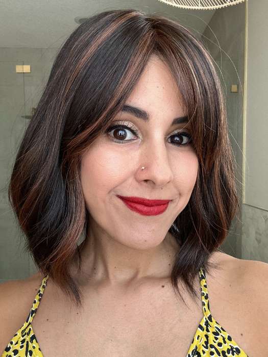 Lorena @faux.hurr.lifee wearing HOLLIE by JON RENAU in color FS4/33/30A MIDNIGHT COCOA | Dark Brown, Medium Red, Medium Natural Red Blonde/Brown Blend with Medium Natural Red Blonde/Brown Blend Bold Highlights